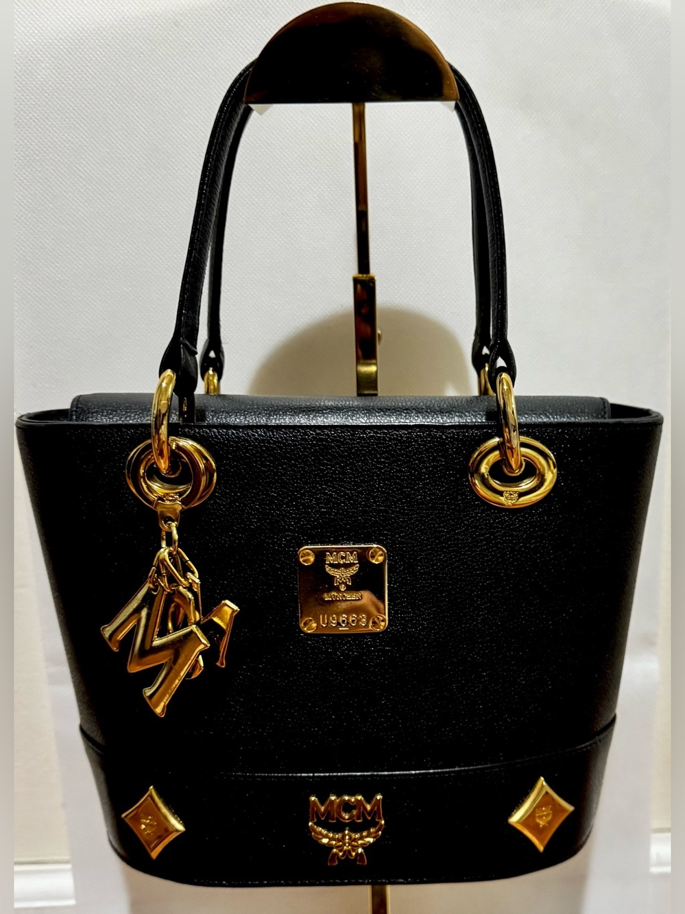 MCM Black Leather Top-Handle Mini Bucket with Gold Hardware